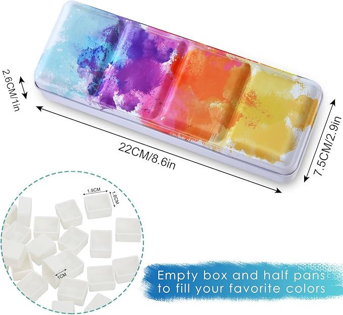 PEVART Empty Watercolor Palette Tins Box Metal Paint Case with Fold Out Palette, Medium Colorful Watercolor Tray Palette with 37 Half Pans and a Water Color Pen for DIY Travel Watercolor Palette