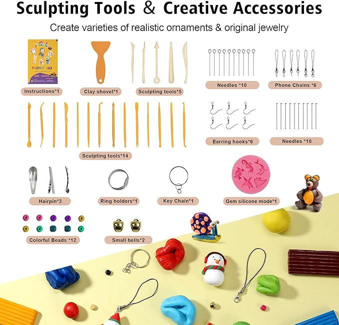 Aestd-ST Polymer Clay 60 Colors, Modeling Clays for Kids DIY Starter Kits, Oven Baked Model Clay, Non-Sticky,with Sculpting Tools, Holiday Gift for Children and Artists.
