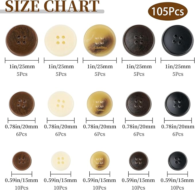 105Pcs Mixed Sewing Buttons,5 Color 4-Hole Craft Buttons,3 Size (15mm, 20mm, 25mm) Sewing Buttons for Clothes, Suitable for for DIY Crafts, Coats, Shirts, Pants, Shorts（Color6）