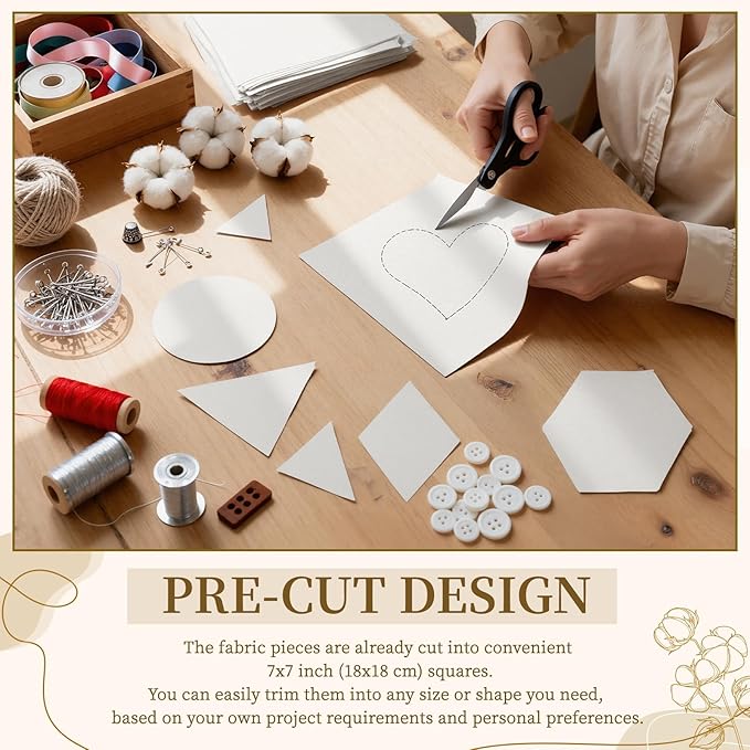 100 Pcs 7x7 Inches Cotton Fabric Squares Precut Quilting Fabric Bundles Natural Cotton Fabrics Squares for DIY Beginners Sewing Craft (7x7 Inches)