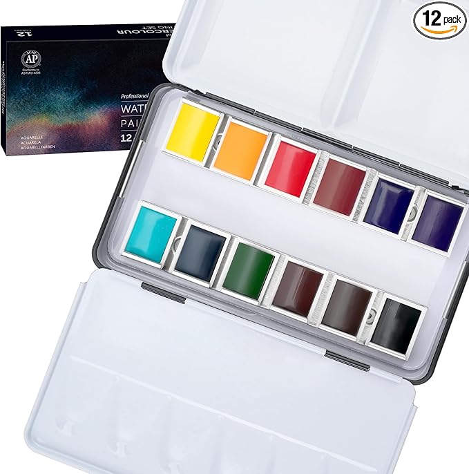 PHOENIX Professional Watercolor Paint Set - 12 Classic Colors Half Pan Water Color Paint Palette with Tin Box, Portable Travel Watercolors for Adults, Artists