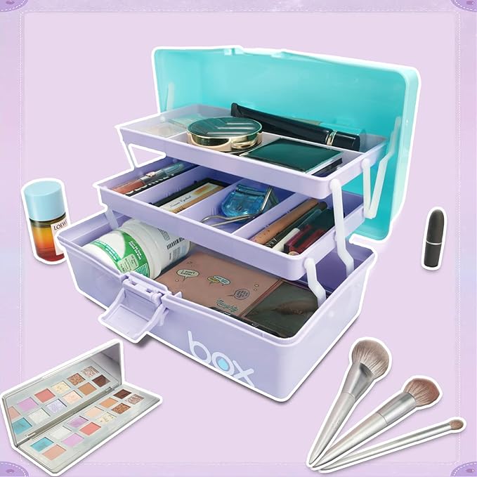 12in 3-Layer Plastic Craft Organizers and Storage, Portable Folding Tackle Box with Handle & Adjustable Dividers, Multipurpose Case for Sewing, Art Supplies, Medicine, Tools (Purple Blue)