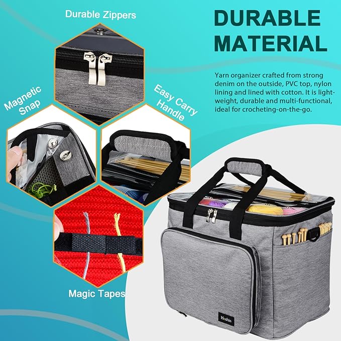 Hoshin Knitting Bag for Yarn Storage, High Capacity Yarn Totes Organizer with Inner Divider Portable for Carrying Project, Knitting Needles(up to 14”), Crochet Hooks, Skeins of Yarn (Grey)