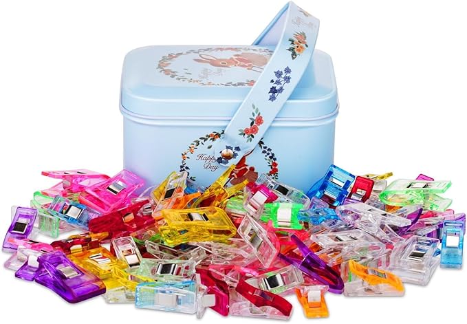 CampTek Pack of 100 Sewing Fabric Clips with Tin Box,Sewing Notions for Sewing Quilting Supplies, Crafting Tools Accessories,Paper Work,Assorted Colors(80 Small+20 Middle Plastic Clips)