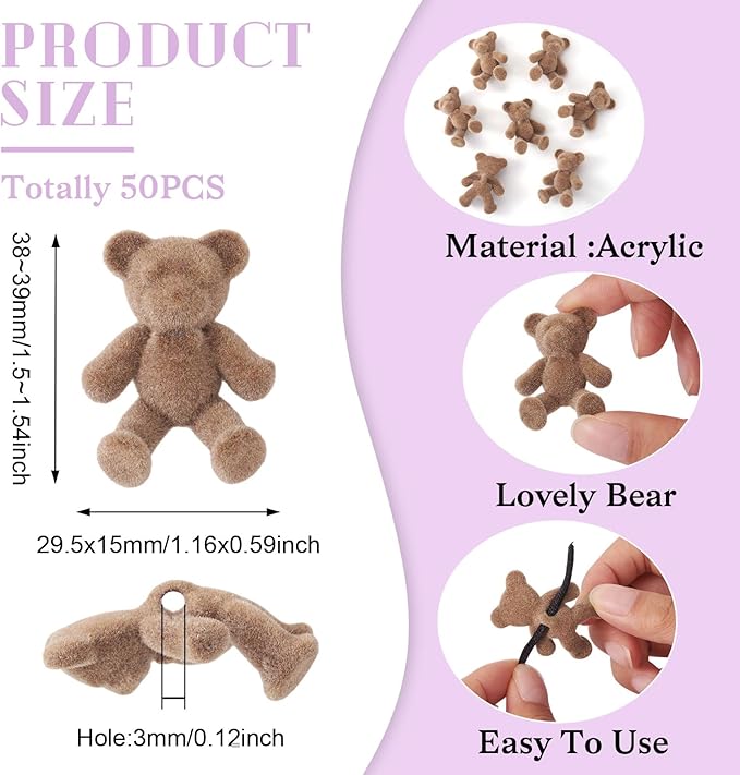 Craftdady 50pcs Flocky Acrylic Bear Buttons with Shank Cute 3D Teddy Bear Shank Sewing Craft Buttons 38-39x29.5mm for DIY Crafts Clothing Scrapbooking