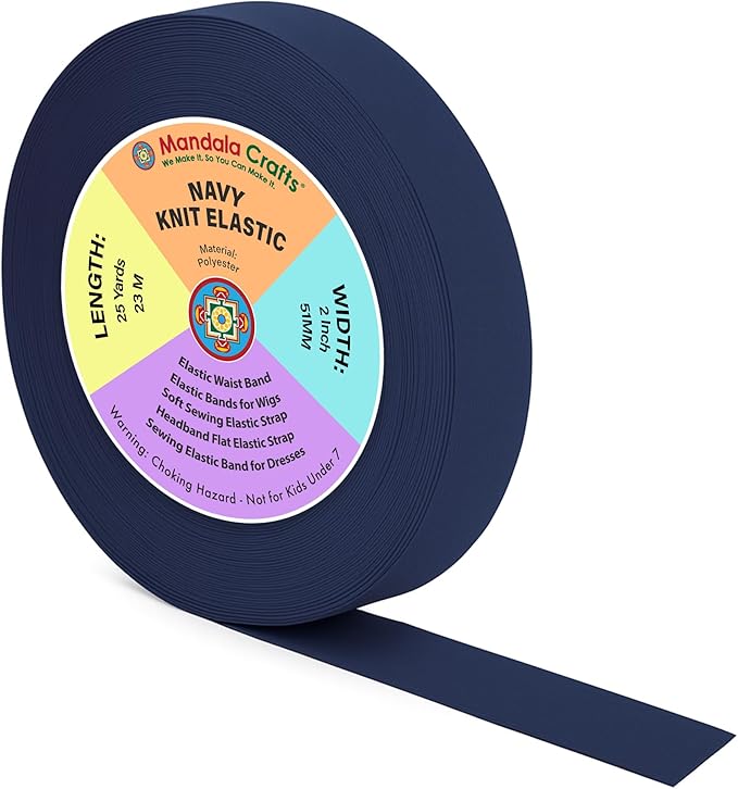 Mandala Crafts Wide 2 Inch Navy Elastic Bands Spool for Pants Waistbands Sewing and DIY Crafts, 25 YD Stretchy Flat Fabric Strap Knit Elastic Band for Wig