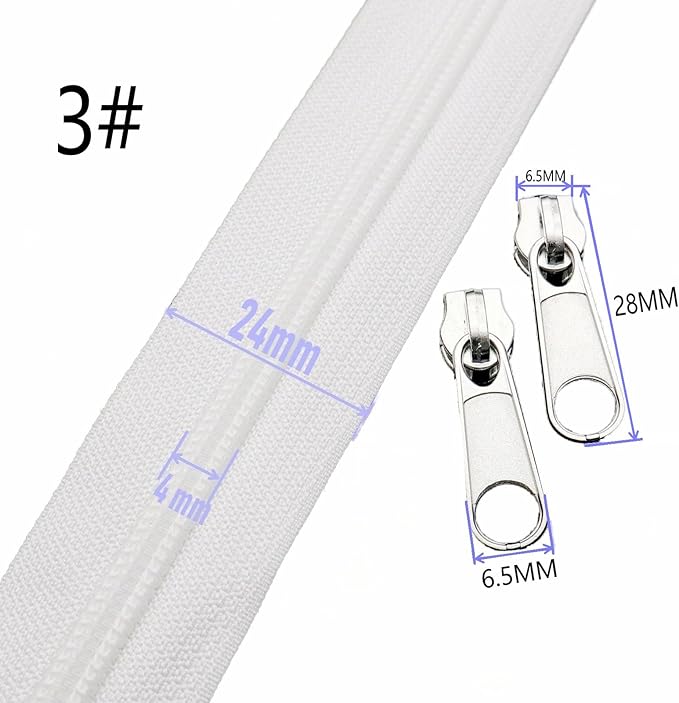 Leekayer #3 White Nylon Zippers by The Yard Bulk 10 Yards with 25pcs Silver Sliders, Zipper for Sewing Dress Tailor DIY Handmand Bag Luggage Sofa Duvet Cusion Pillow Pockets Purses
