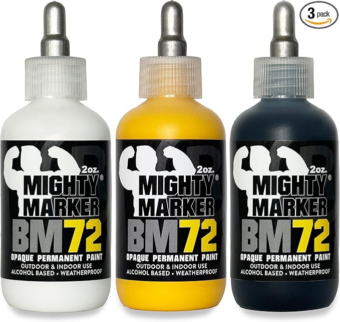BM-72 Bottle Marker, 2oz (60ml) Alcohol-Based Paint, 1.2mm Steel Ball Tip, Valve Action, Waterproof & Weatherproof, Writes on Rough & Oily Surfaces, Made in USA - 3 Pack