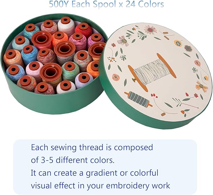 24 Colors Variegated Sewing Thread,500Y Each Spool Polyester Serger Thread,Rainbow Thread 40wt Variegated Quilting,for Sewing Machines,Hand Sewing&Embroidery&Serger