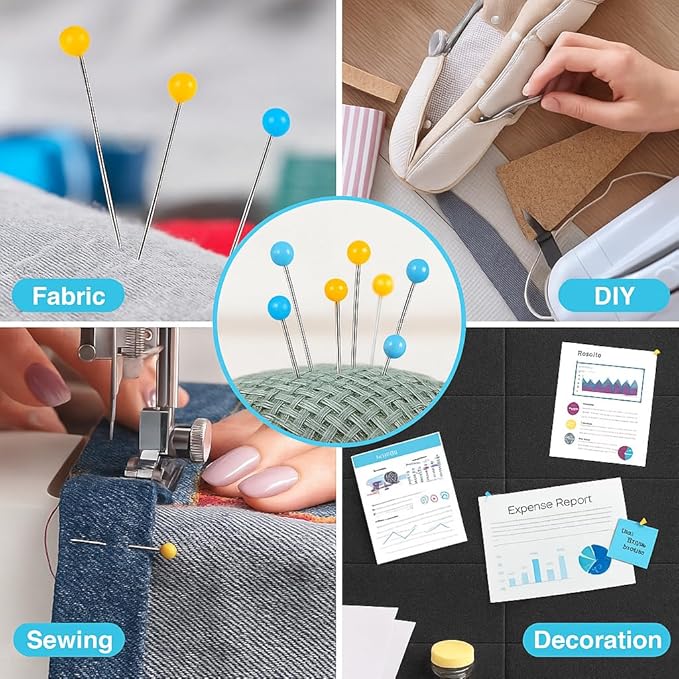 600 PCS Straight Pins,1.75IN Quilting Pins Long,Yellow and Blue Glass Head Sewing Pins for Fabric,Stainless Steel Dressmaker for Sewing, Crafts, Jewelry Making, DIY