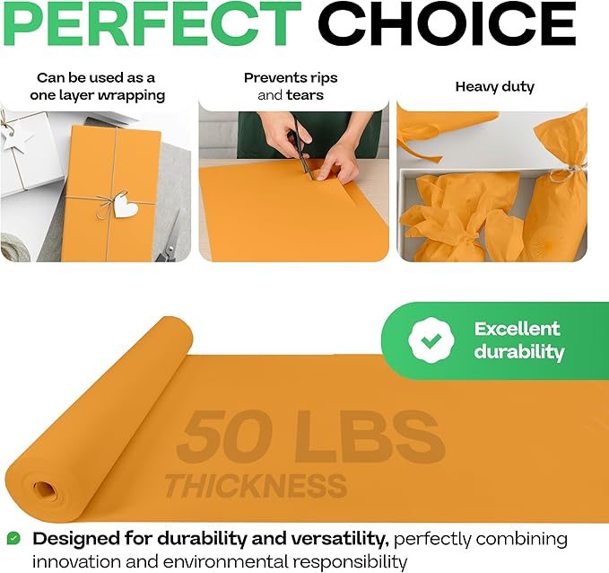 Orange Kraft Paper Roll 24" x 1200" (100 feet) with Cutter - USA-Made Gift Wrapping Paper for Packing, Moving, Shipping & Crafts/Arts - 100% Recyclable Natural Craft Material by IDL Packaging