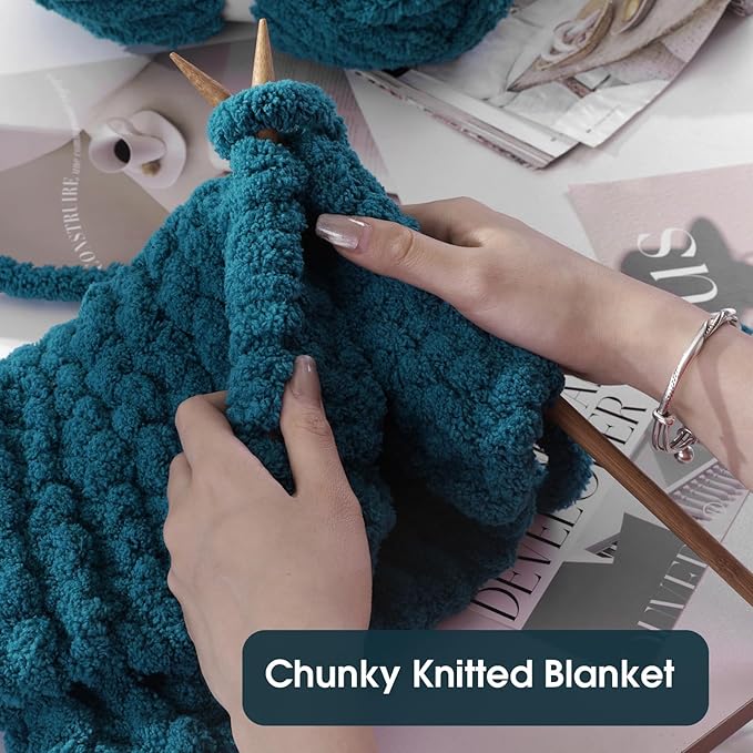 Hombys Indigo Chunky Chenille Yarn for Hand Knitting & Crocheting - Super Bulky Big Yarn for Chunky Blanket
