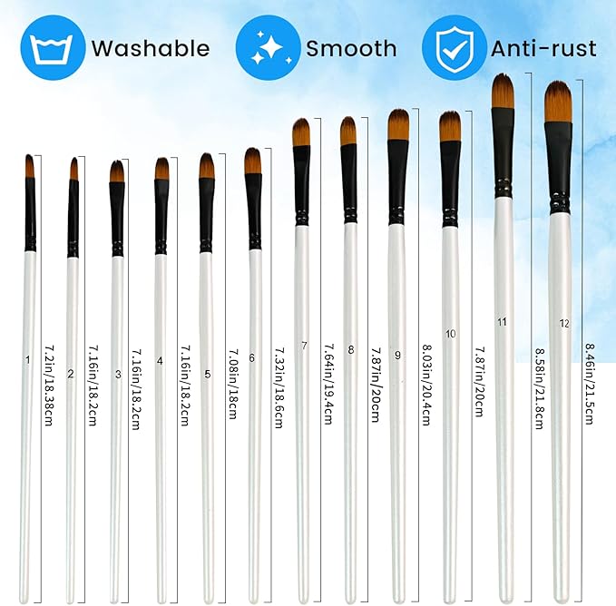12 PCS White Color Paint Brushes Set, Acrylic Oil Professional Round Paint Brush for Watercolor, Art Brushes for Artists and Adults, Ideal for Water-Based Paints (Round Head)