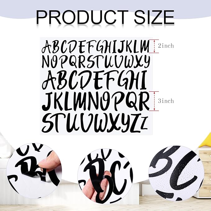 TaoBary 416 Pcs Letter Stickers 8 Sheets Alphabet Stickers 2 Size Vinyl Cursive Self-Adhesive Letter Personalized Decor for Mailbox Scrapbook Window Sign Door Classroom DIY Craft (2'', 3'', Black)