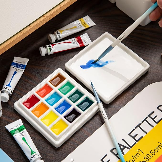MEEDEN 3 Pack Ceramic Palettes with Cover, Painting Palette for Watercolor Gouache Color Mixing, Pure White Porcelain Palette, Multi-Functional Palette for Hobby and Crafts
