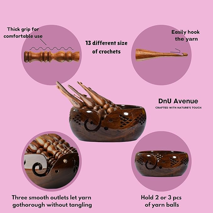 DnU Avenue Sheesham Wood Set of 13 Ergonomic Crochet Hooks 3.5 MM to 12 MM, Wooden Yarn Crochet Hooks for Arthritic Hands, Knitting & Crochet Storage, Soft Grip, Wood finish, Brown (Hooks with Bowl A)