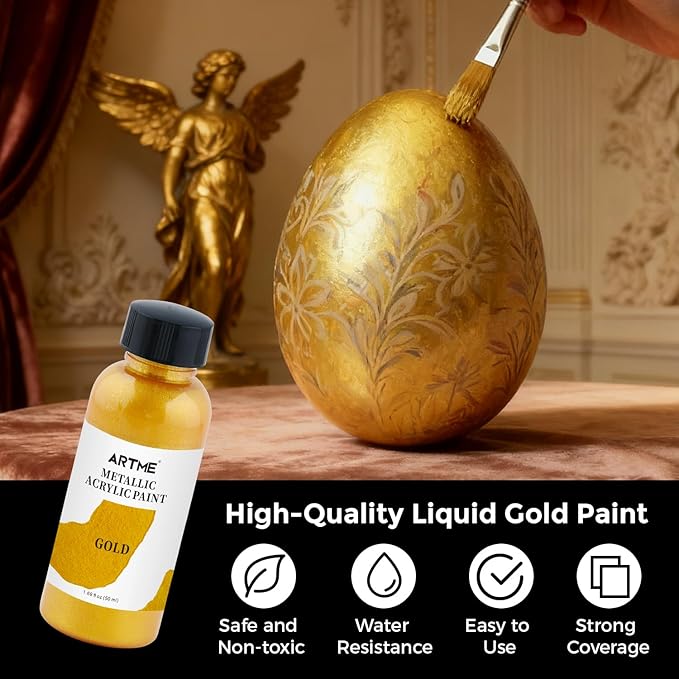 ARTME Liquid Gold Leaf Paint, 1.69 oz/50 ml Acrylic Metallic Gold Paint for Art Painting, Handcrafts, Non-Toxic, Non-Fading Touch Up Paints Ideal for Canvas, Wood, Fabric, Ceramic, Metal, Furniture