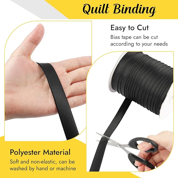 Double Fold Bias Tape, 1/2 Inch x 55 Yards Bias Binding Tape, Black Polyester Binding Tape for Sewing, Hemming, Quilting, Seaming, Fabric Piping, DIY Crafts