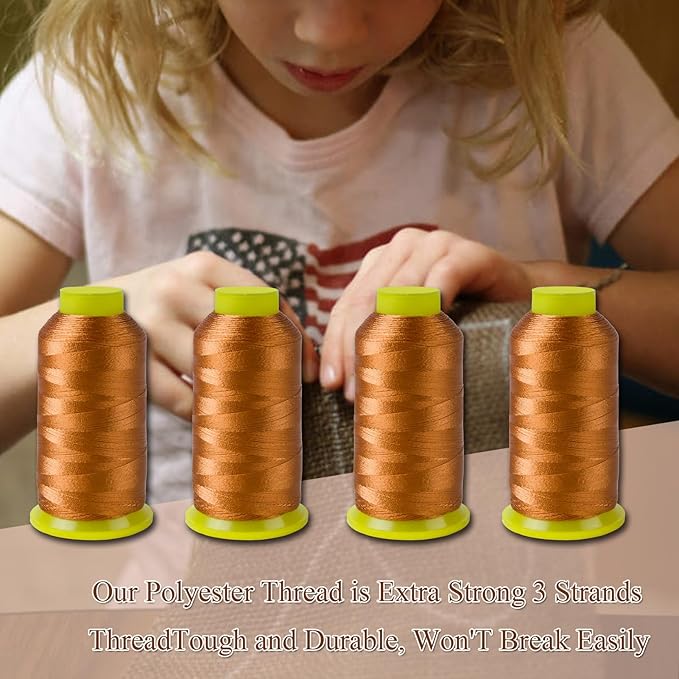 4Pcs Bright Brown Nylon Thread for Sewing, 210d/3 Upholstery Thread Heavy Duty, 4 Cone of 1500 Yards Each Leather, Serger Overlock Machine for Sewing Hair