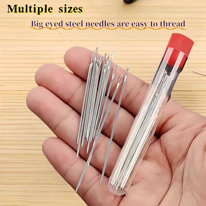 42 PCS Sewing Tool Set, Big Eye Steel Sewing Needles Kit with Storage Box, Portable DIY Embroidery Thread Kit