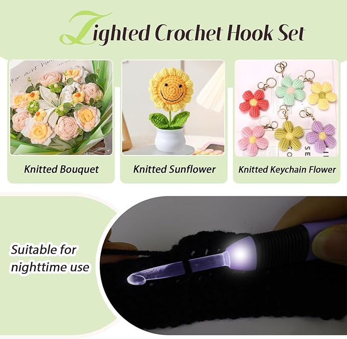 Yarniss Light Up Crochet Hook with Battery, Illuminated Crochet Hook with LED Light Including 5 Sizes 3.5mm, 4.5mm, 5.0mm, 5.5mm, and 6.5mm