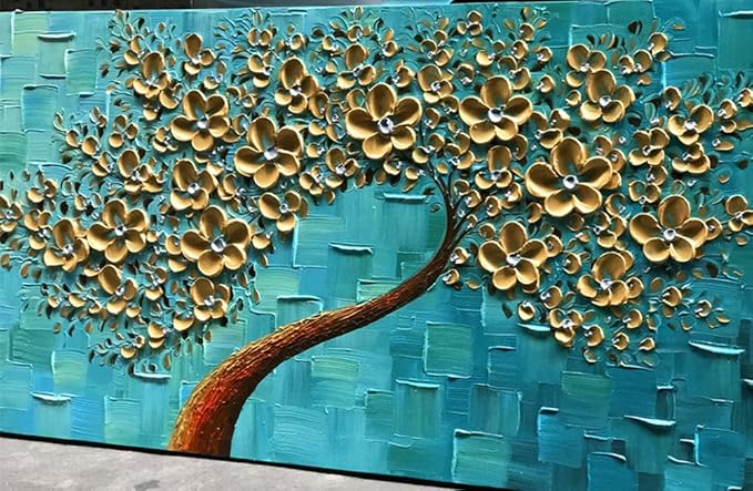 YaSheng Art - Handmade Golden Flowers Artwork Oil Painting On Canvas Texture Palette Knife Abstract Tree Canvas Wall Art Modern Home for Bedroom Living Room Office Wall Decor 24x48inch
