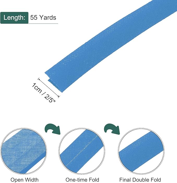 MECCANIXITY 2/5 Inch Double Fold Bias Tape Polyester Continuous Bulk Bias Tape for Sewing,Seaming Quilting Hemming Binding Crafts (Blue 55 Yards)