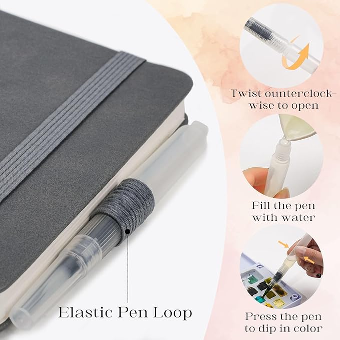 Remowith Leather Cover Watercolor Sketchbook, 9"x5.5" Journal, 300gsm Cold Press Cotton Paper (24 Sheets/48 Pages), Perfect Watercolor Journal for Markers, Pastels, Darkgrey