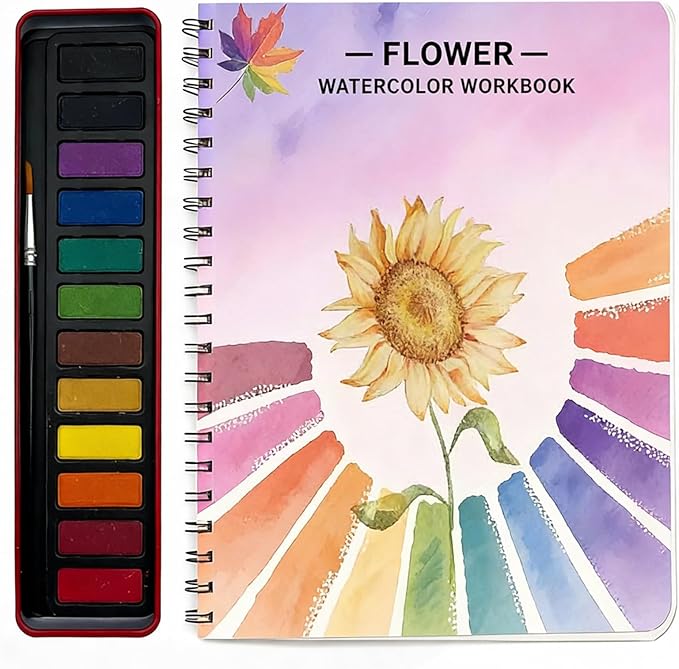 Watercolor Workbooks, Beginner Watercolor Painting Kit – 12 Colors Paint Set with Brush – Perfect for Gifting to Spark Creativity & Joy for Adults （Flower）