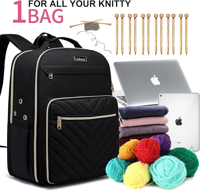 Knitting Bag Backpack, Crochet Bag Tote, Large Yarn Storage Tote Bag with USB Charging Port, Christmas Gifts Yarn Holder Case for Carrying Projects, Knitting Needles, Yarn Supplies, Black