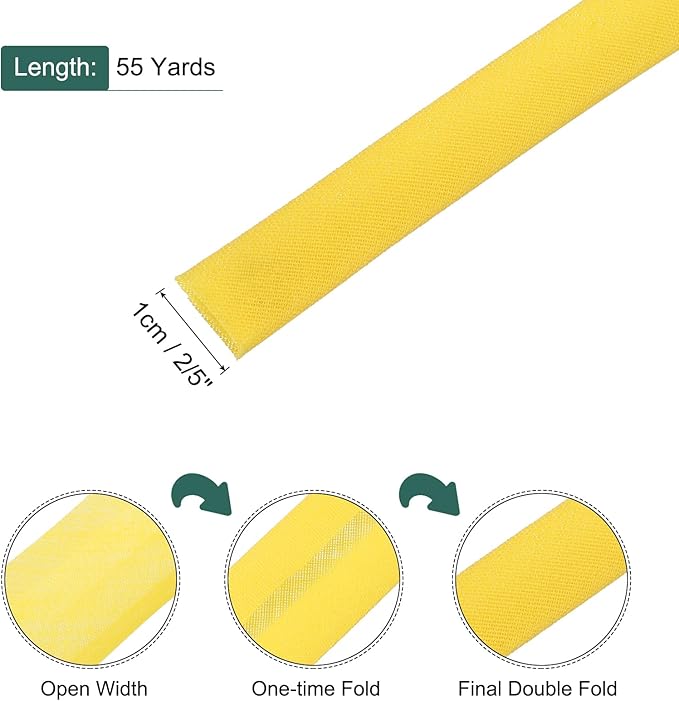 MECCANIXITY 2/5 Inch Double Fold Bias Tape Polyester Continuous Bulk Bias Tape for Sewing,Seaming Quilting Hemming Binding Crafts (Yellow 55 Yards)