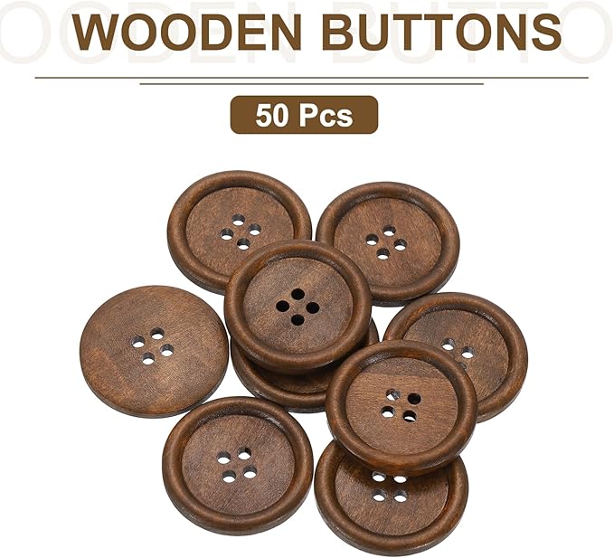 uxcell 50Pcs Wooden Buttons, 38mm(1 1/2") 4 Hole Round Wood Sewing Button Craft Flatback for Sewing DIY Craft Clothing, Brown