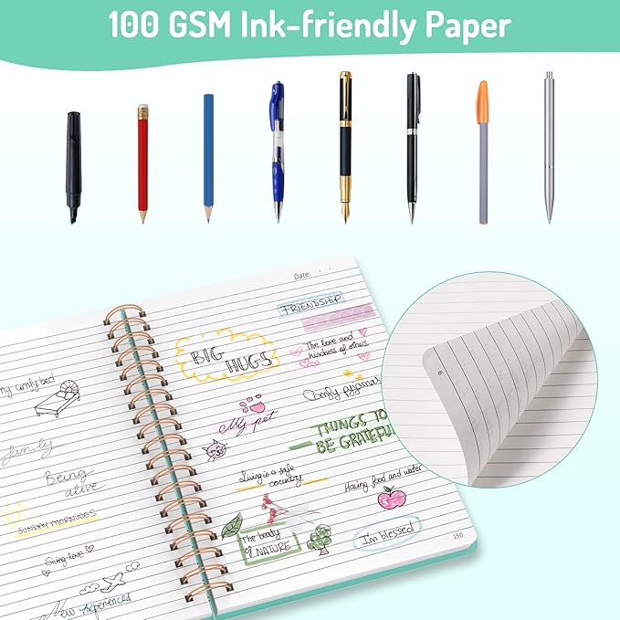 Forvencer A4 Lined Spiral Journal Notebook with 300 Numbered Pages, 11" X 8.5" Thick Journals for Writing with 100GSM Paper, Hardcover Notebooks with Contents for Work, School, Green
