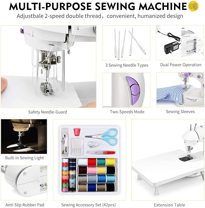 Magicfly Mini Sewing Machine with Extension Table, Dual Speed Portable Sewing Machine for Beginners with Light, Sewing Kit for Household Use, White