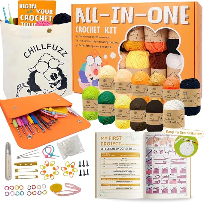 ChillFuzz Crochet Kit for Beginners 85 Piece Complete Crochet Set with Yarn, Hooks, Pattern Book – Beginner Crochet Kit for Adults & Kids with Tutorials, Great Christmas Gift for Craft Lovers Yellow