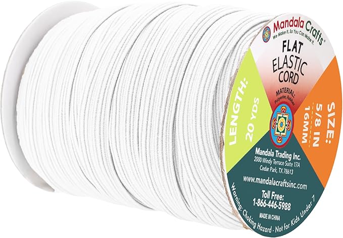 Mandala Crafts 16mm 20 Yds Roll of White Elastic Bands for Sewing - 5/8 Flat Elastics Cord - 5 8 Inch Braided Stretch Straps for Crafting