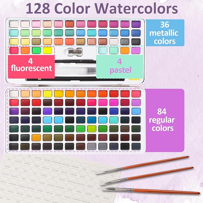 Caliart 128 Colors Watercolor Paint Set Portable, for Adults Artists Professional Beginners, Art Supplies Watercolor Painting Kit Sketch Coloring Drawing Birthday Gifts