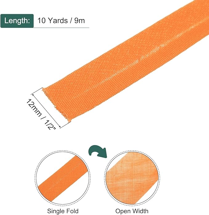MECCANIXITY 1/2 Inch Single Fold Bias Tape Polyester Continuous Bulk Bias Tape for Sewing,Seaming Quilting Hemming Binding Crafts (Orange 10 Yards)