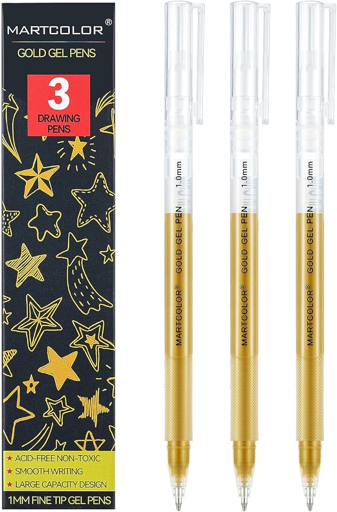 Gold Gel Pens, 1mm Fine Point Gel Ink Pen Opaque Archival Ink Pens for Black Paper Drawing, Sketching, Illustration, Card Making, Bullet Journaling, 3 Pack