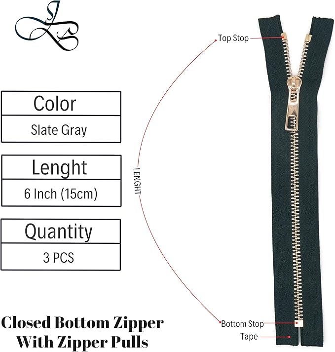 #5 Gold Metal Zipper - 50+ Colors - 3 PCS - (4-14 inches) Sizes - Luxury Lightweight Handcraft Metal Zippers with pulls for Purses Bags Pockets Shoes Sewing & Crafts DIY ZP02536