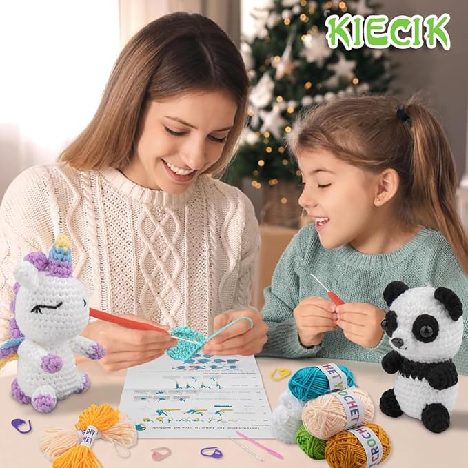 KIECIK 6Pcs Crochet Kit for Beginners, Crochet Animal Kits，Knitting Kit for Adults with Step by Step Videos Tutorials, Knitting Kit Great Birthday Holiday Gift, DIY Keychain Pendants(Set -02)