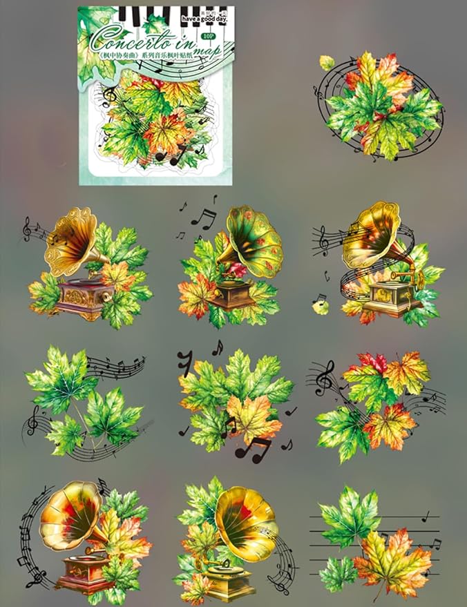 MAFELOE Scrapbook Stickers of 10 Pieces, PET Aesthetic Deco Stickers Journaling Supplies for Junk Bullet Bottles Laptop- Maple Leaf&Music Series-D