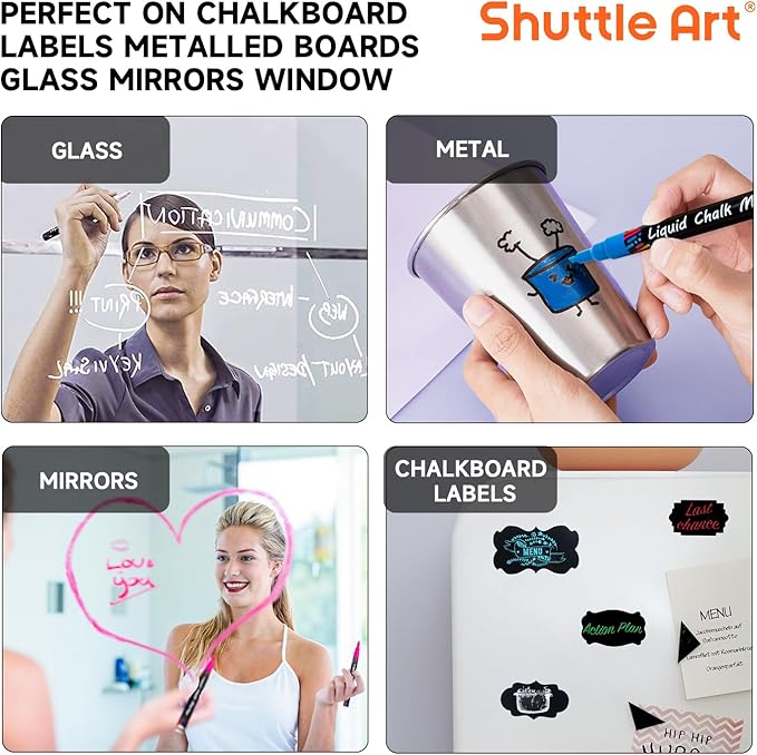 Shuttle Art Chalk Markers, 24 Vibrant Colors Liquid Chalk Markers Pens for Chalkboards, Windows, Glass, Cars, Erasable, 3mm Reversible Fine Tip with Chalkboard Labels for Office Home Supplies
