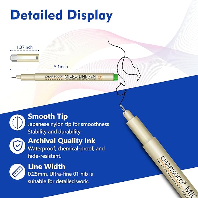 01 Micro Pen, 12 Colors Fine Point Pen, 0.25mm Fineliner Ink Pens for Artist Illustration, Waterproof Archival Ink, Sketching, Anime, Manga, Technical Drawing and Scrapbooking