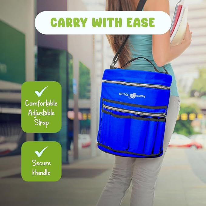 Stitch Happy Knitting Bag (Cobalt): 7 Pocket Yarn Bag, Knitting Tote, Yarn Storage, Crochet Storage