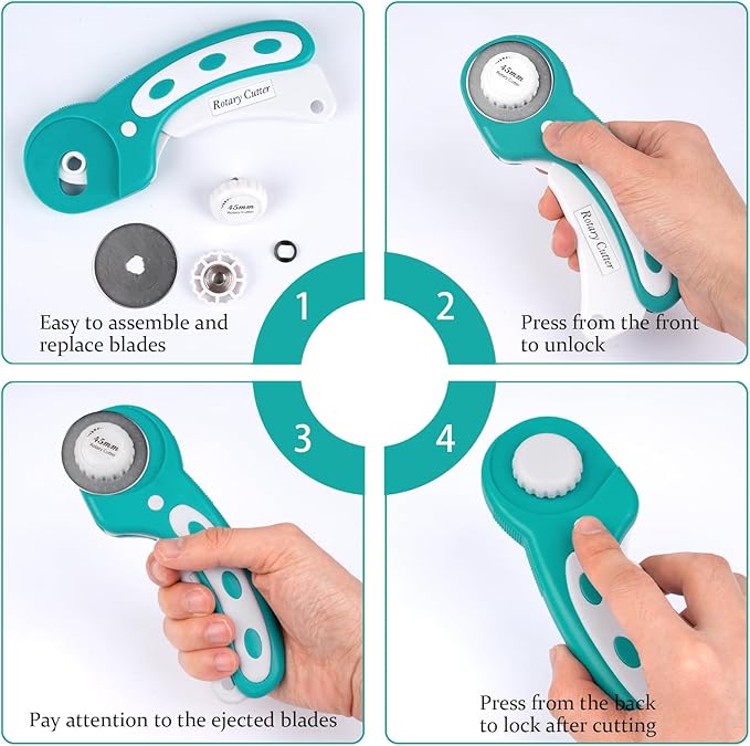 45mm Rotary Cutter for Fabric, Fabric Cutters with 5pcs Extra Rotary Blades, Roller Cutter Set for Sewing, Quilting, Leather & Craft Projects (Teal)