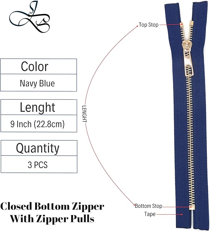 #5 Gold Metal Zipper - 50+ Colors - 3 PCS - (4-14 inches) Sizes - Luxury Lightweight Handcraft Metal Zippers with pulls for Purses Bags Pockets Shoes Sewing & Crafts DIY ZP02429
