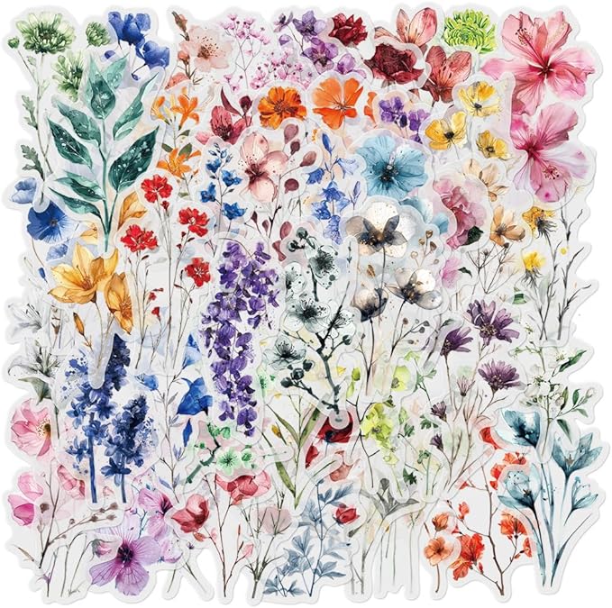 50-Pack Transparent Waterproof Watercolor Wildflower Flower Scrapbook Stickers – Vibrant Nature Floral Decals for Card, Journals, Resin Art Project