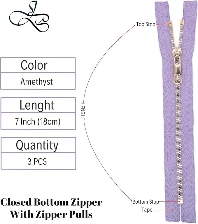 #5 Gold Metal Zipper - 50+ Colors - 3 PCS - (4-14 inches) Sizes - Luxury Lightweight Handcraft Metal Zippers with pulls for Purses Bags Pockets Shoes Sewing & Crafts DIY ZP02237