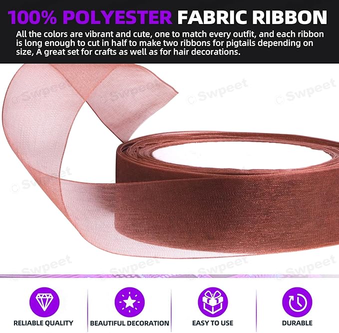 Swpeet 2 Rolls 50 Yards x 1 Inch Deep Coffee Color Shimmer Sheer Fabric Ribbons Organza Ribbon, Transparent Sheer Ribbon Chiffon Fabric Ribbons for Bouquets Wedding Birthday Decoration